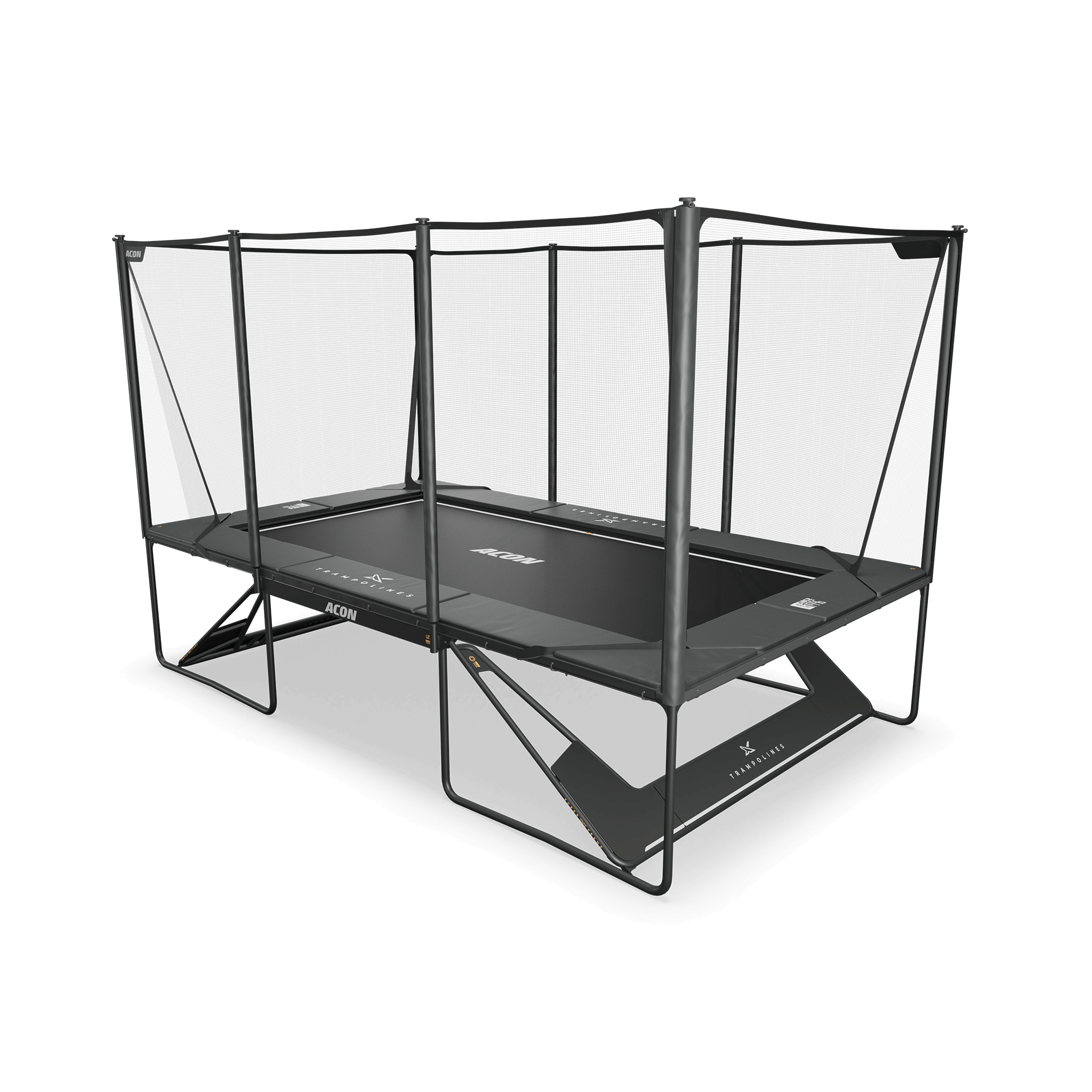 Professional-grade ACON X 17ft rectangular trampoline featuring integrated safety net and ladder system, black model 10111-X-BL displayed in premium product photography style.