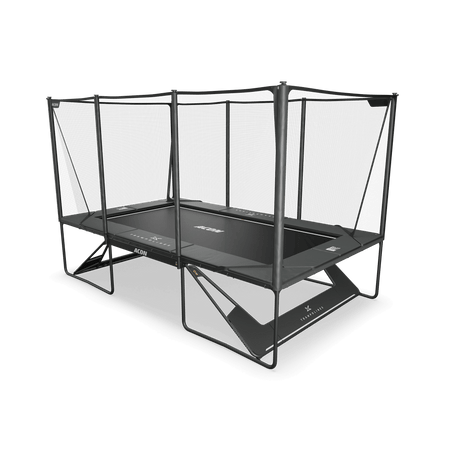 Professional-grade ACON X 17ft rectangular trampoline featuring integrated safety net and ladder system, black model 10111-X-BL displayed in premium product photography style.