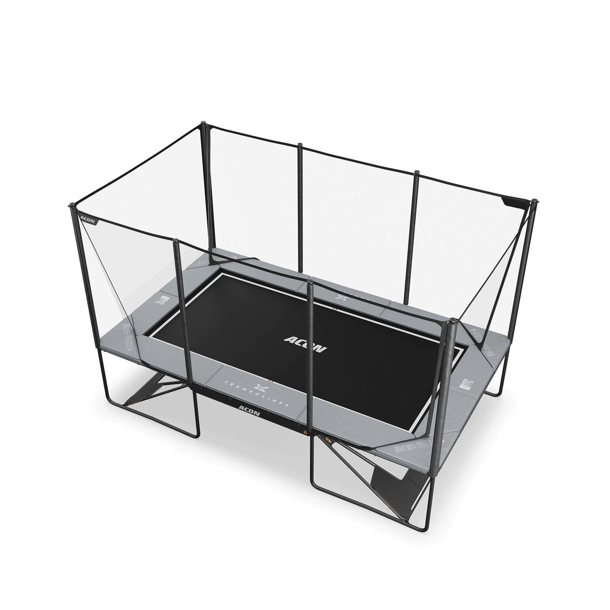 High-performance ACON X 17ft rectangular trampoline in elegant light grey finish, photographed in professional studio setting to showcase premium build quality.