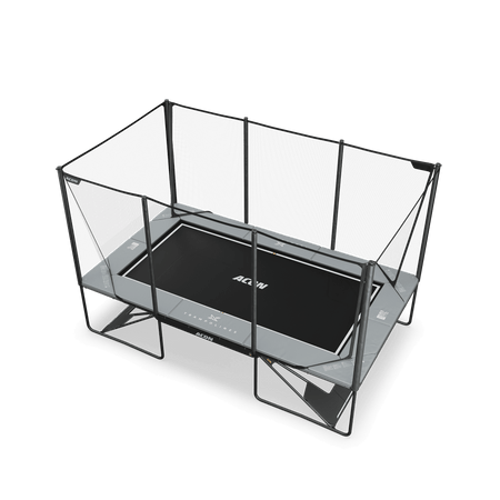 High-performance ACON X 17ft rectangular trampoline in elegant light grey finish, photographed in professional studio setting to showcase premium build quality.