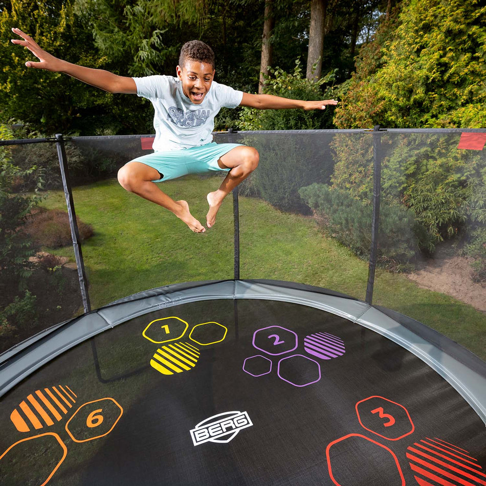 14.1ft BERG Elite InGround Round Trampoline with 'Levels' Jump Mat + Safety Net DLX XL