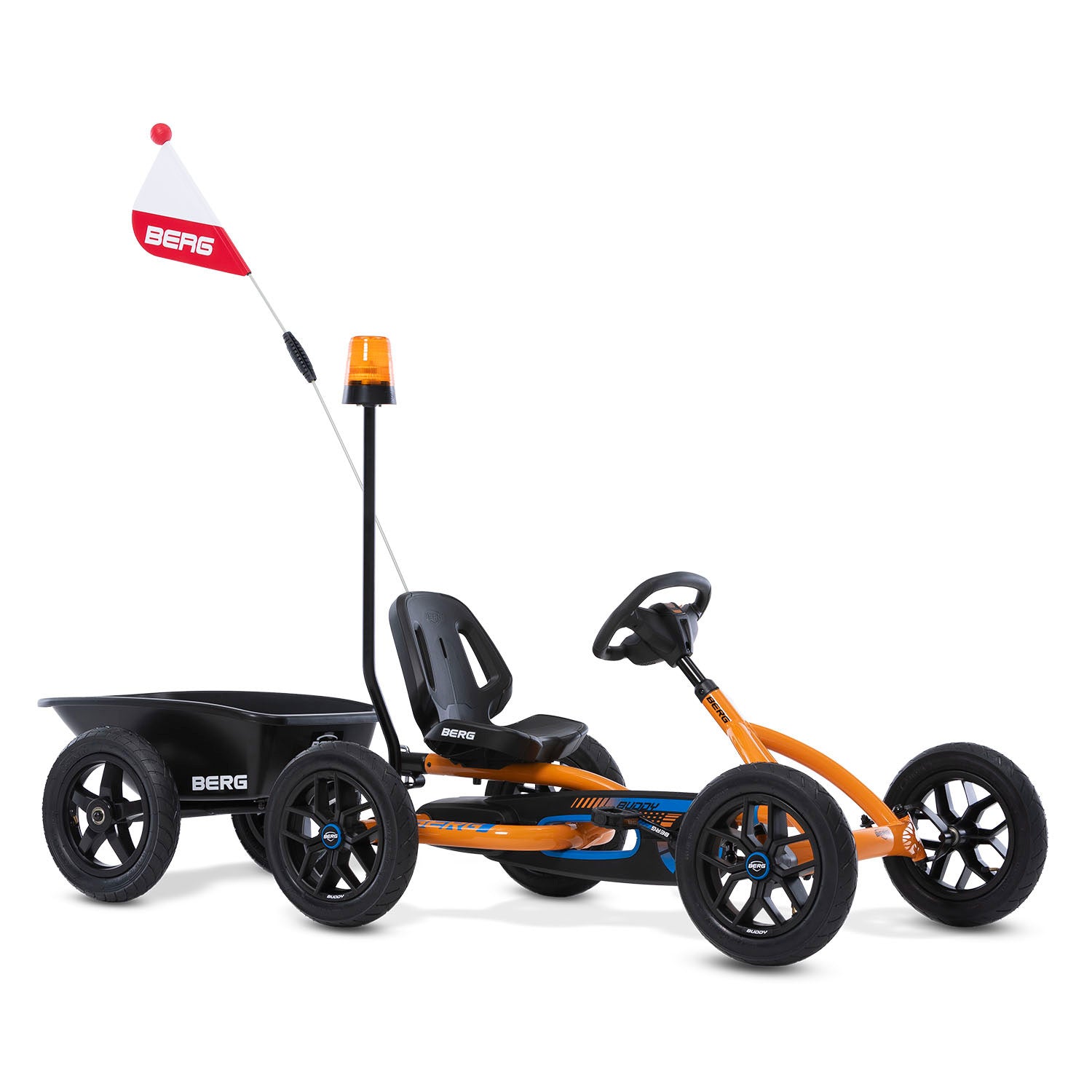 BERG Buddy B-Orange Go-Kart with BERG Trailer Large, Safety Flag, and Flashing Light accessories