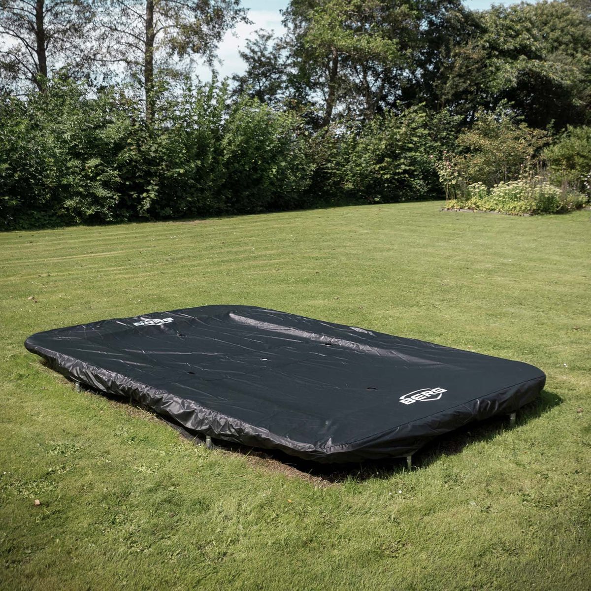 BERG Rectangular InGround Trampoline with BERG Weather Cover in Black colour attached