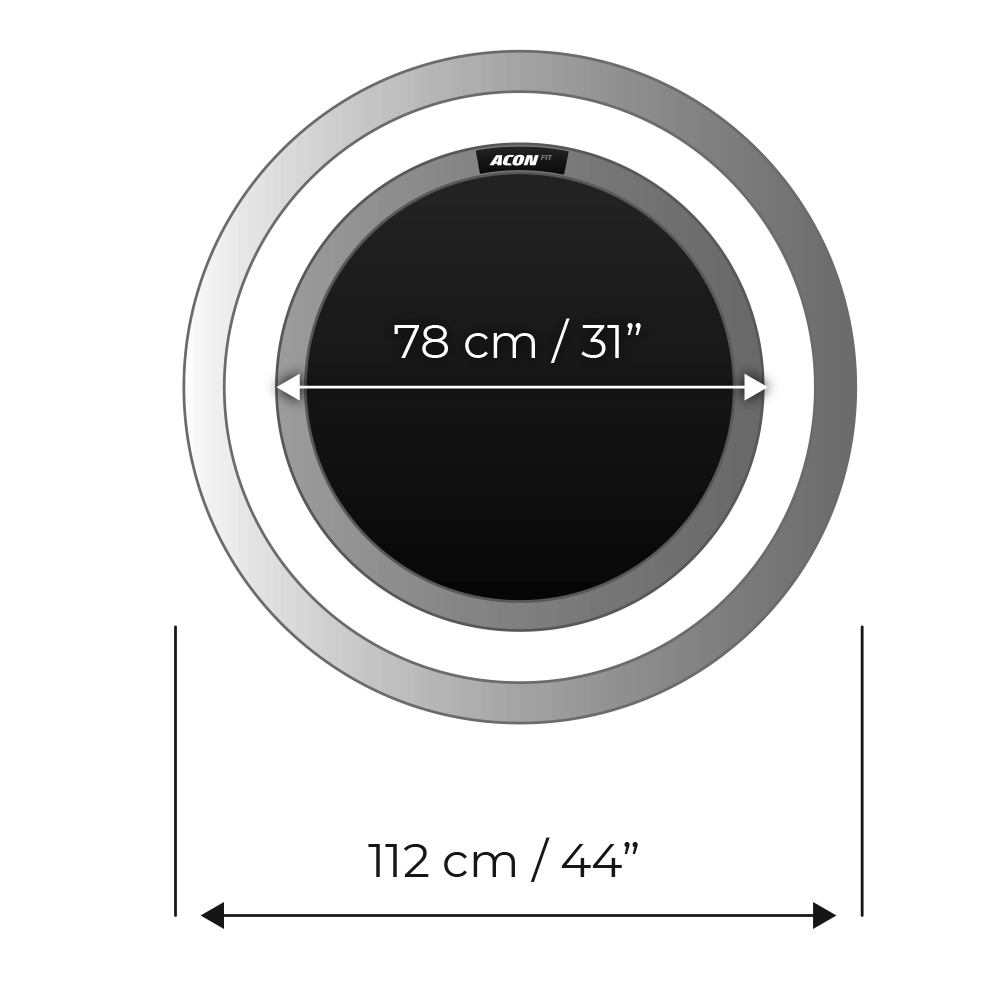 Dimensional specification chart for ACON FIT Trampoline Round model, providing accurate measurements for fitness space planning and equipment placement considerations.